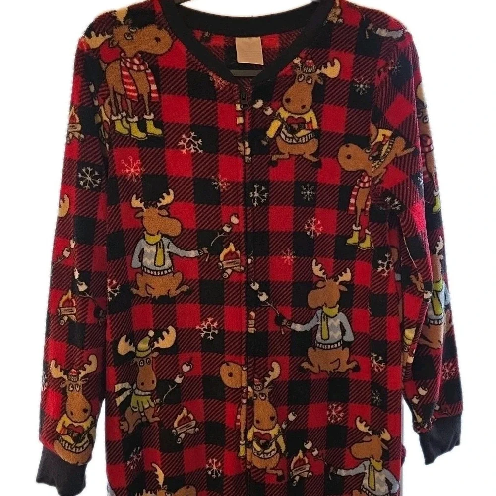 Womens Plush Red Moose‎ Christmas Funny Print Pajamas Sleeper Medium